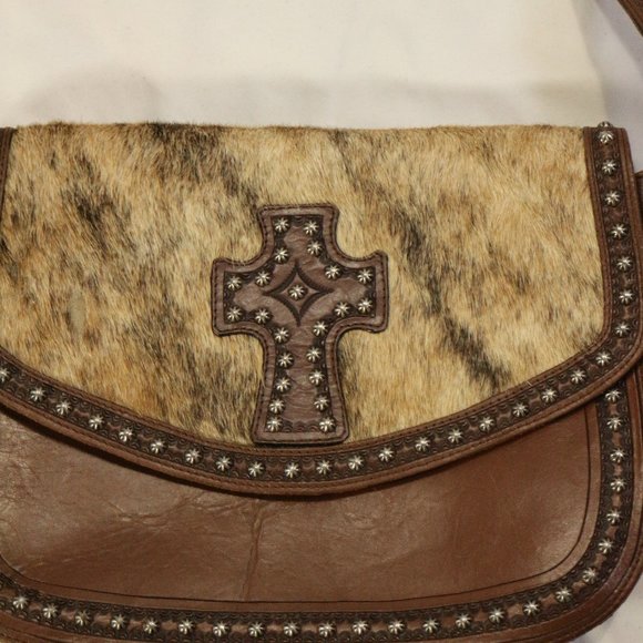 Genuine Leather Cow Hair Cross Studded Accent Shoulder Purse - Picture 3 of 12